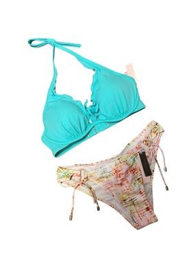 Victoria's Secret Bikini Set 34D Small Turquoise Ruffle Halter Tie Side Bottoms